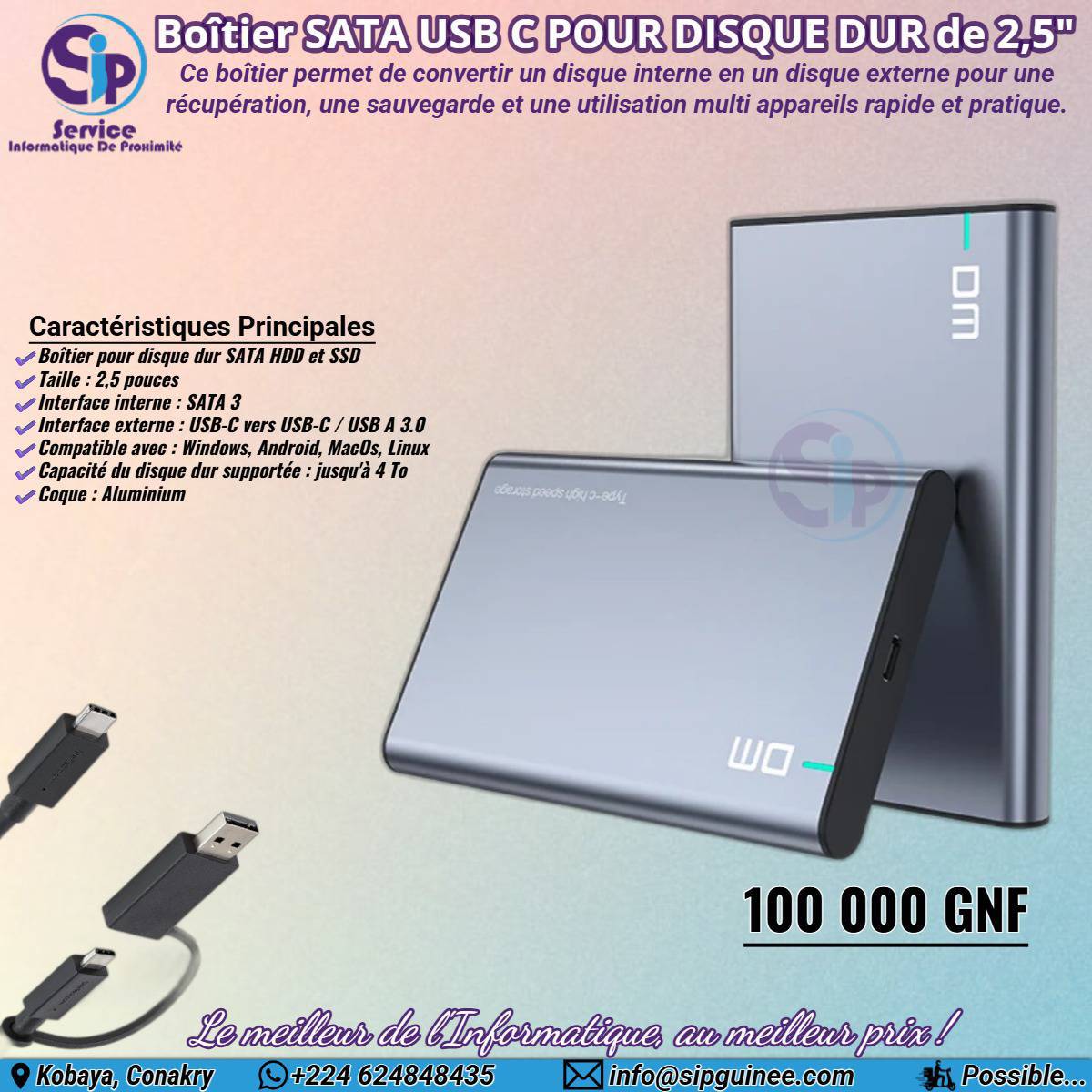 Boîtier SATA pour disque dur HDD/SSD avec interface USB-C