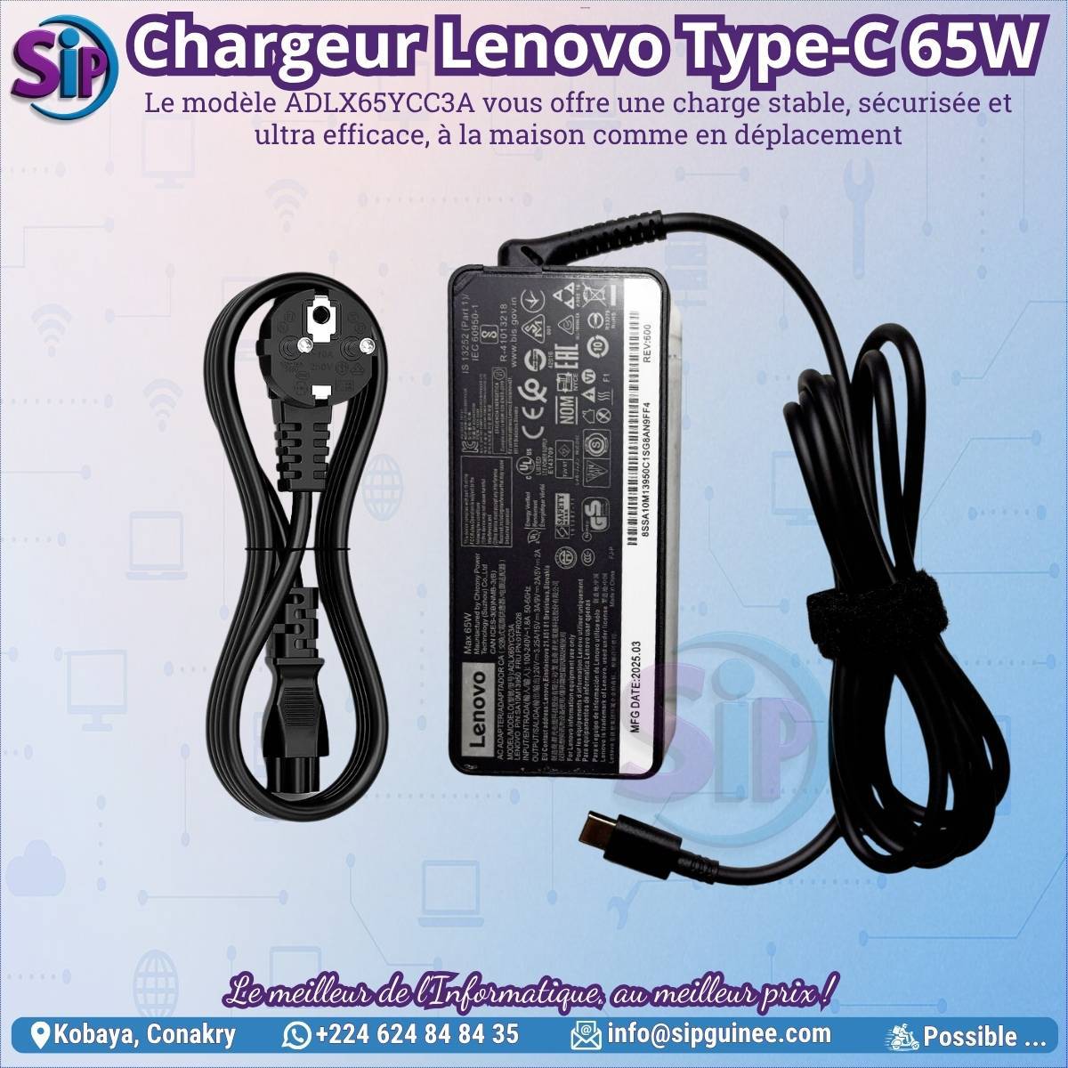 Lenovo ADLX65YCC3A – Chargeur USB C 65W