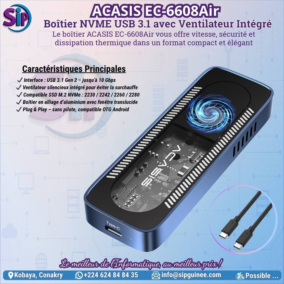 🧊 ACASIS EC-6608Air – Boîtier NVMe USB 3.1 avec Ventilateur Intégré