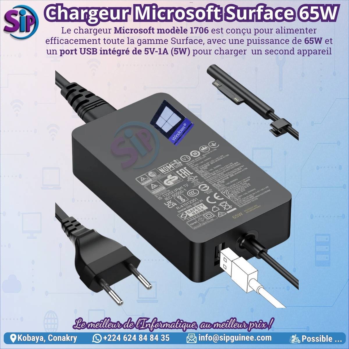 Chargeur Microsoft Surface Modèle 1706 – 65W