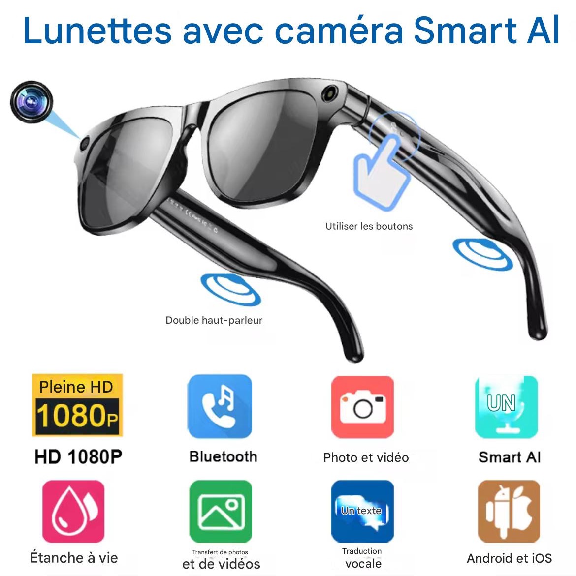 Lunettes intelligente IA avec caméra, Bluetooth, assistance vocal, appel